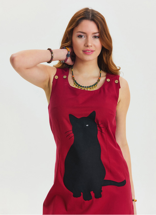 U-Neck Cat Figure Button Detailed Red Mini Dress 4528